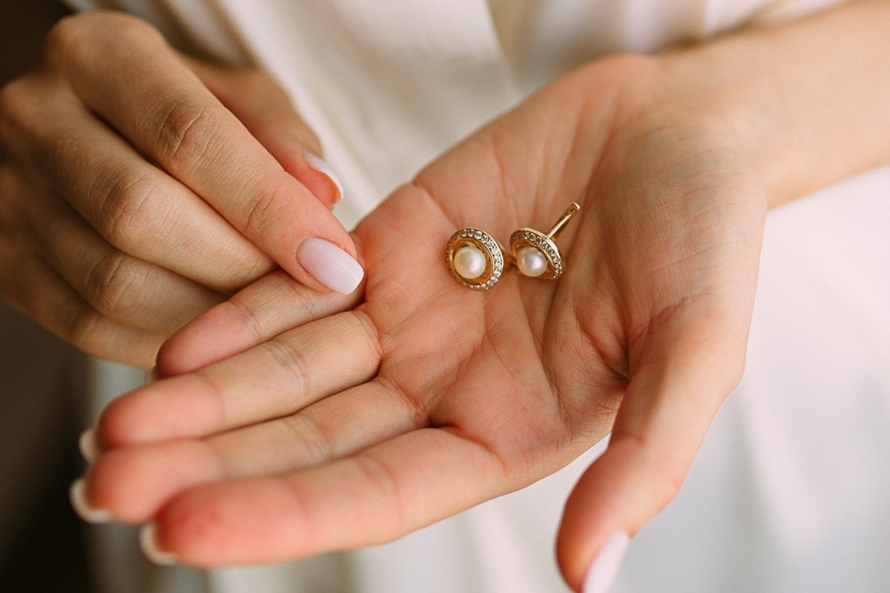 Close up of a woman's hand holding a pair of earrings Close up of a woman's hand holding a pair of earrings