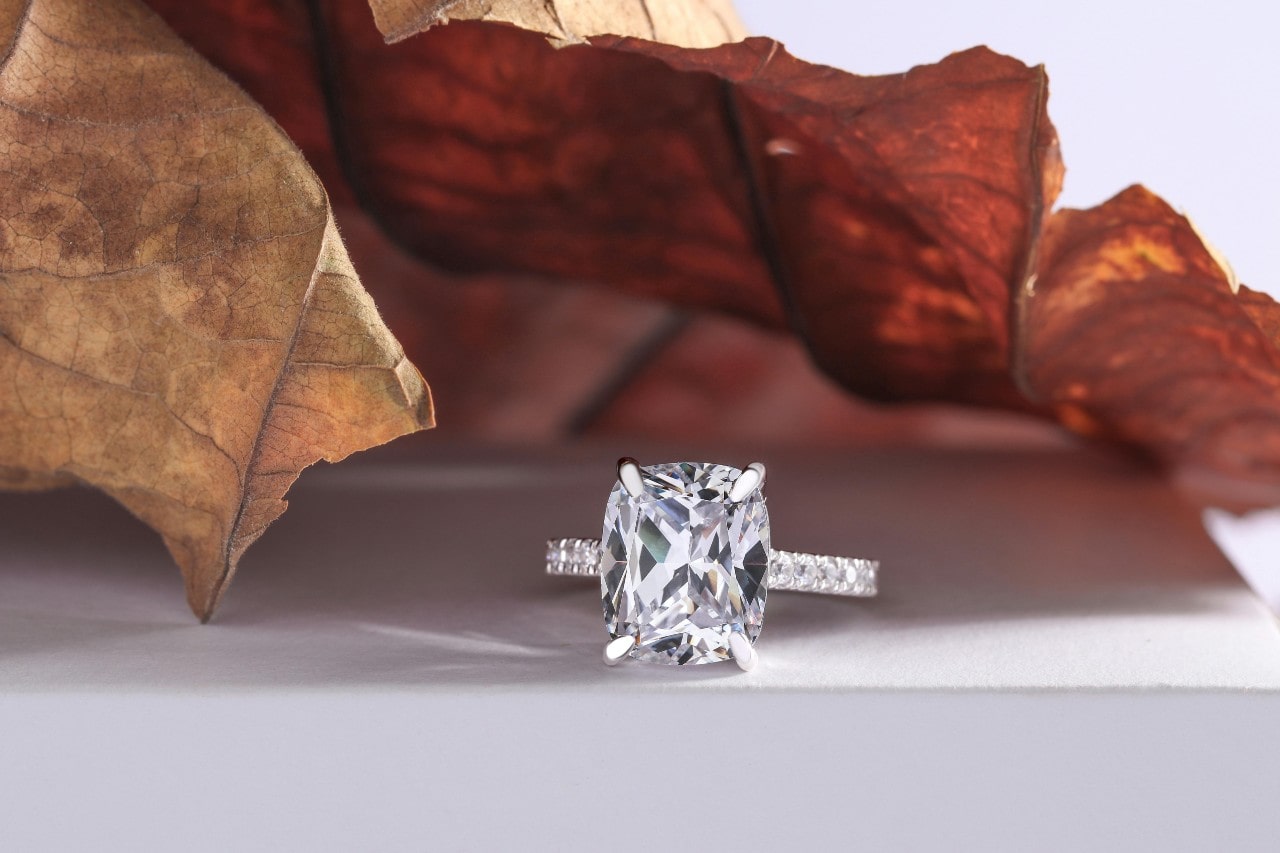 A white gold engagement ring with side stones under maple leaves A white gold engagement ring with side stones under maple leaves