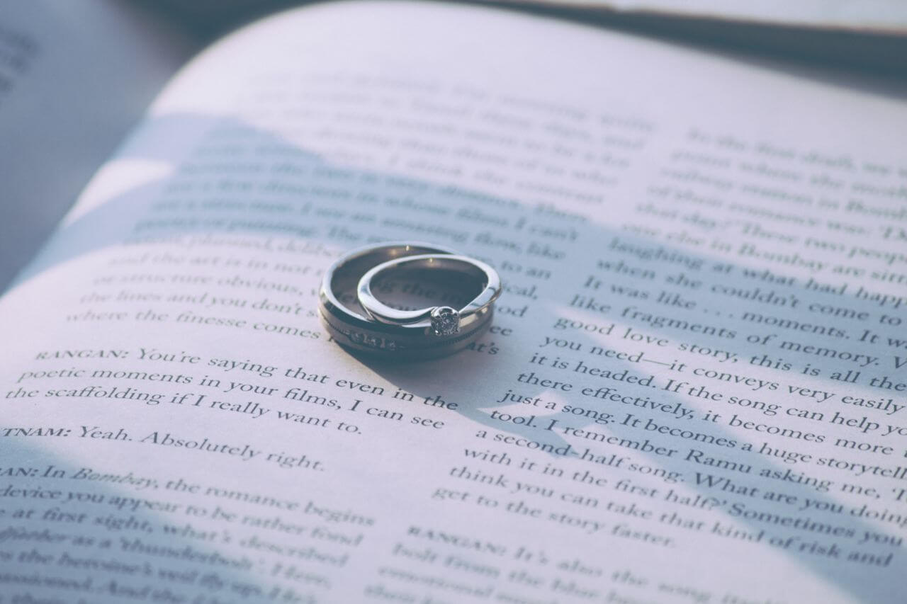 two wedding bands resting on a page of a book