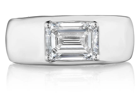 A white gold TACORI ring with an emerald cut diamond, available at Prestige Jewellers.