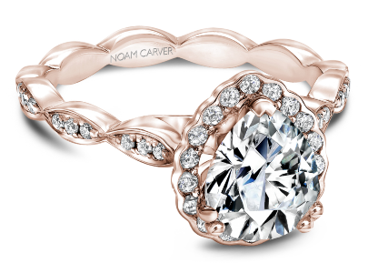 A Noam Carver engagement ring with a pear-cut diamond, available at Prestige Jewellers.