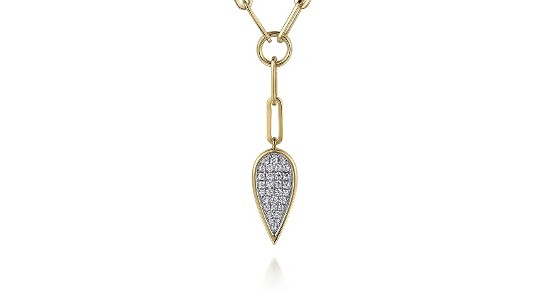 A Gabriel & Co. chain necklace with a tear drop shaped pendant and pave set diamonds, available at Prestige Jewellers.