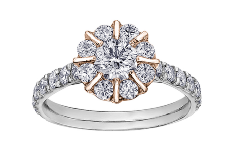 A mixed metal halo engagement ring from Maple Leaf Diamonds, available at Prestige Jewellers.