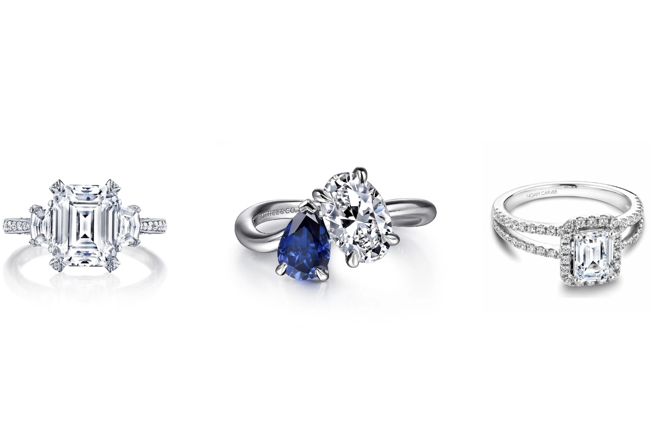 Left to right engagement ring designers: TACORI, Gabriel & Co., and Noam Carver